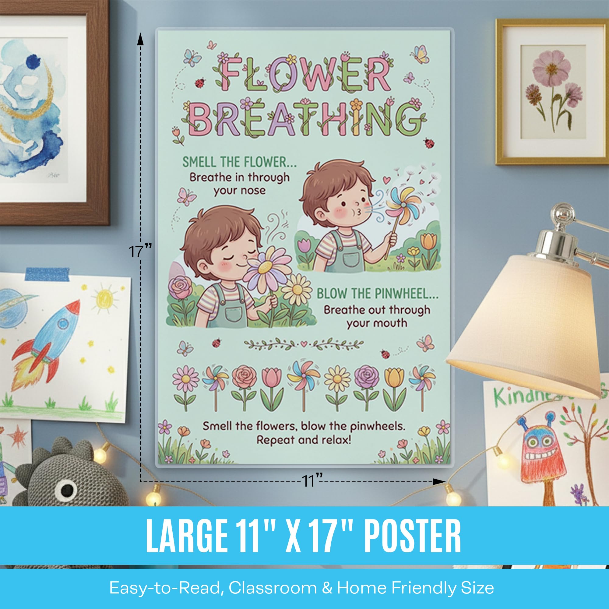 JELLY BEAN GENIUS Smell the Flower Blow the Pinwheel Breathing Poster for Kids – Deep Breathing & Emotional Awareness