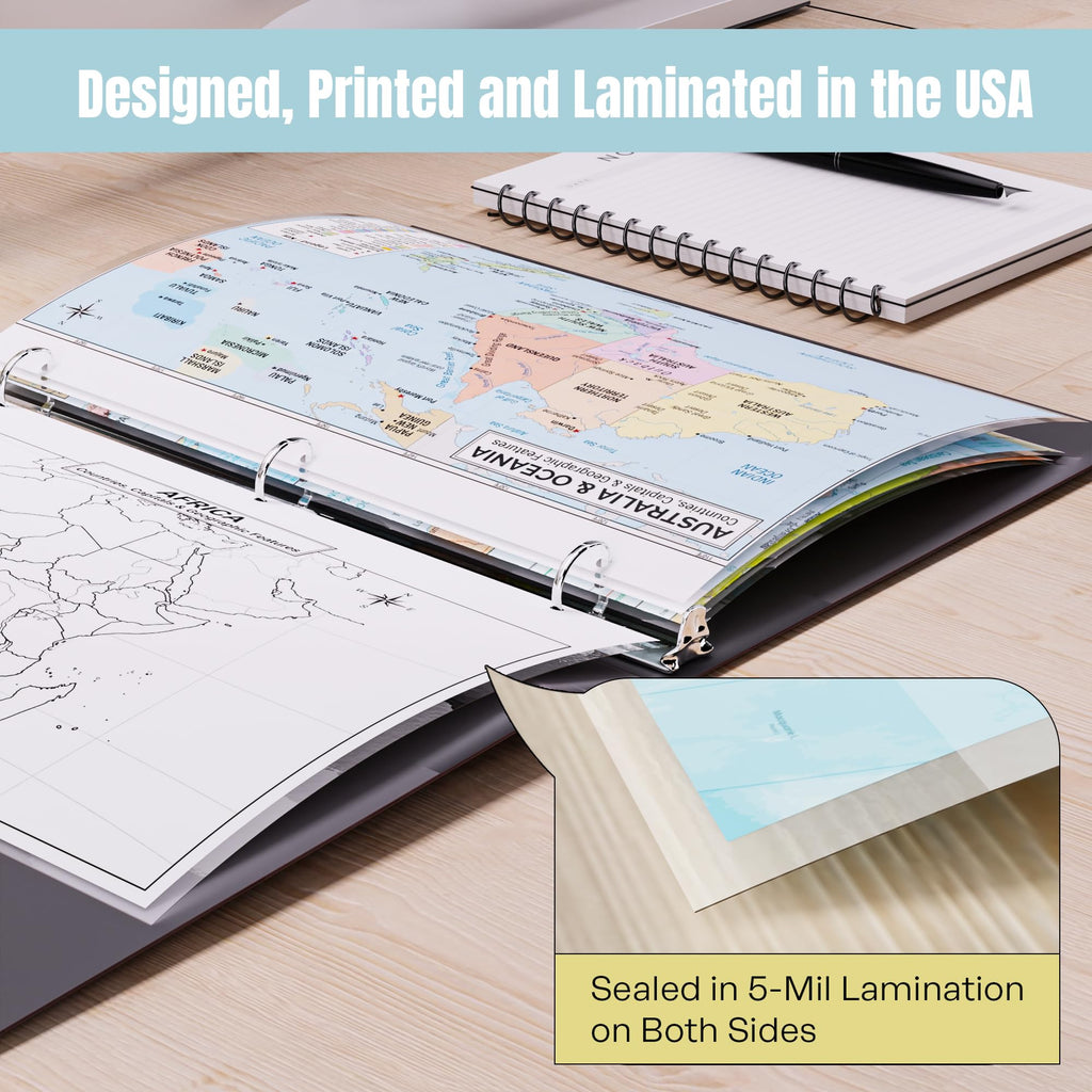 Australia & Oceania Map Poster for Kids - 2-Sided Laminated 8.5x11, Countries Capitals & Geographic Features with Blank