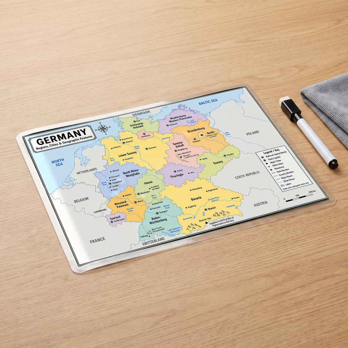 Germany Map Poster, States & Capitals, Double-Sided Laminated, 11x17