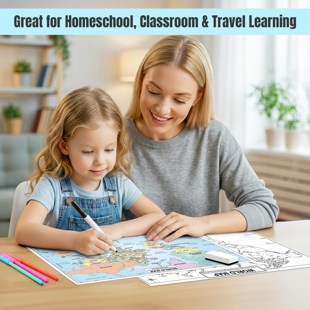 2026 Updated World Map Poster – 11x17 Laminated Dry Erase Study Map | Double-Sided Classroom Learning Tool with Color