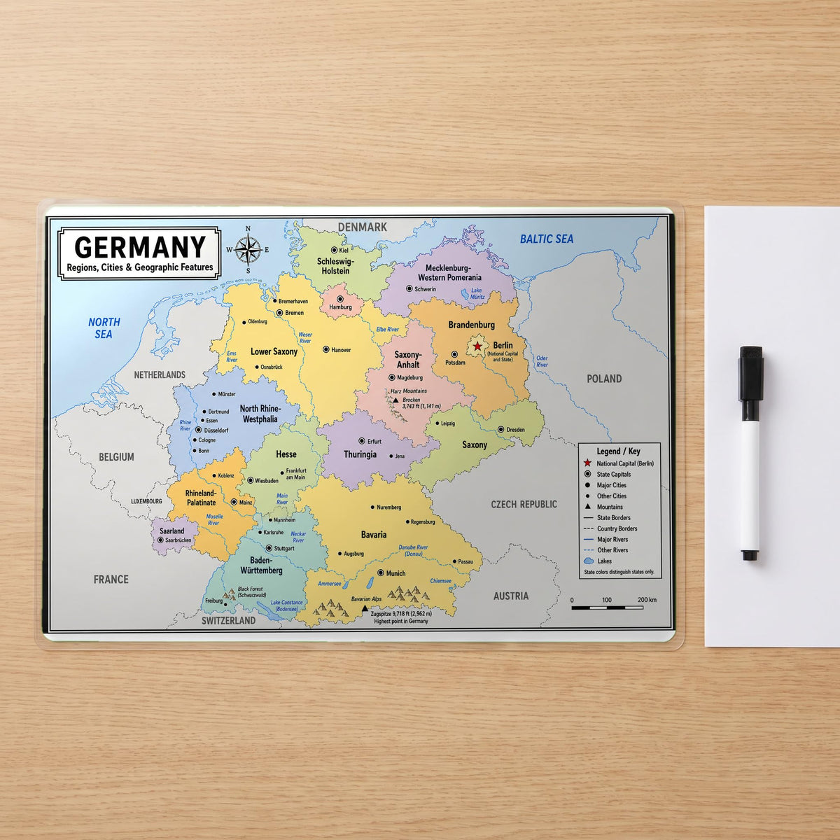 Germany Map Poster, States & Capitals, Double-Sided Laminated, 11x17
