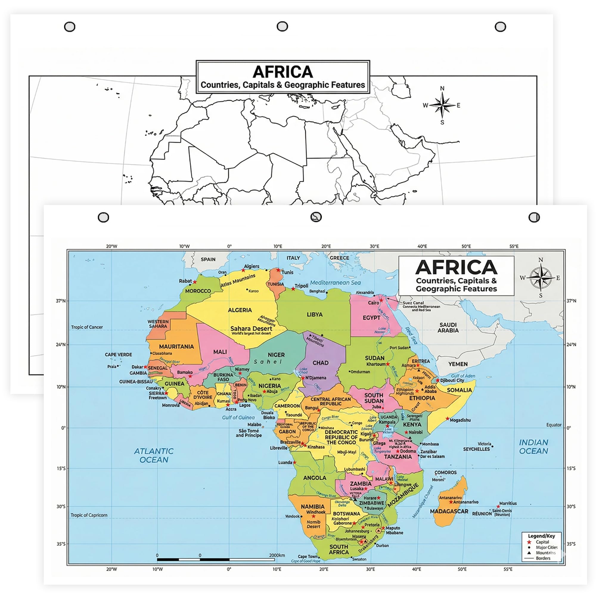 Africa Map Poster for Kids - 2-Sided Laminated 8.5x11, Countries Capitals & Geographic Features with Blank Practice Map