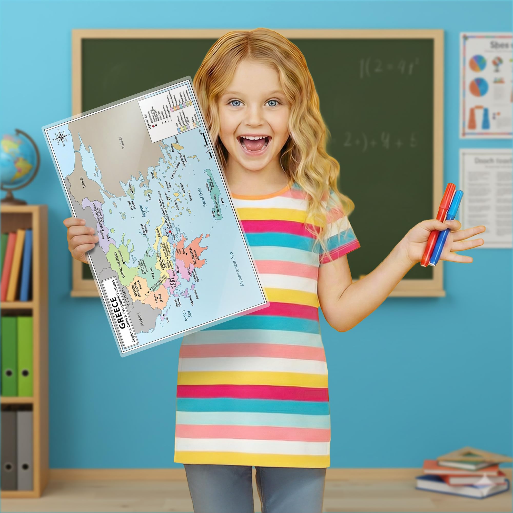 Greece Map Poster 11x17 | Laminated Double-Sided Geography Chart with Color Map Front & Blank Outline Back | Reusable