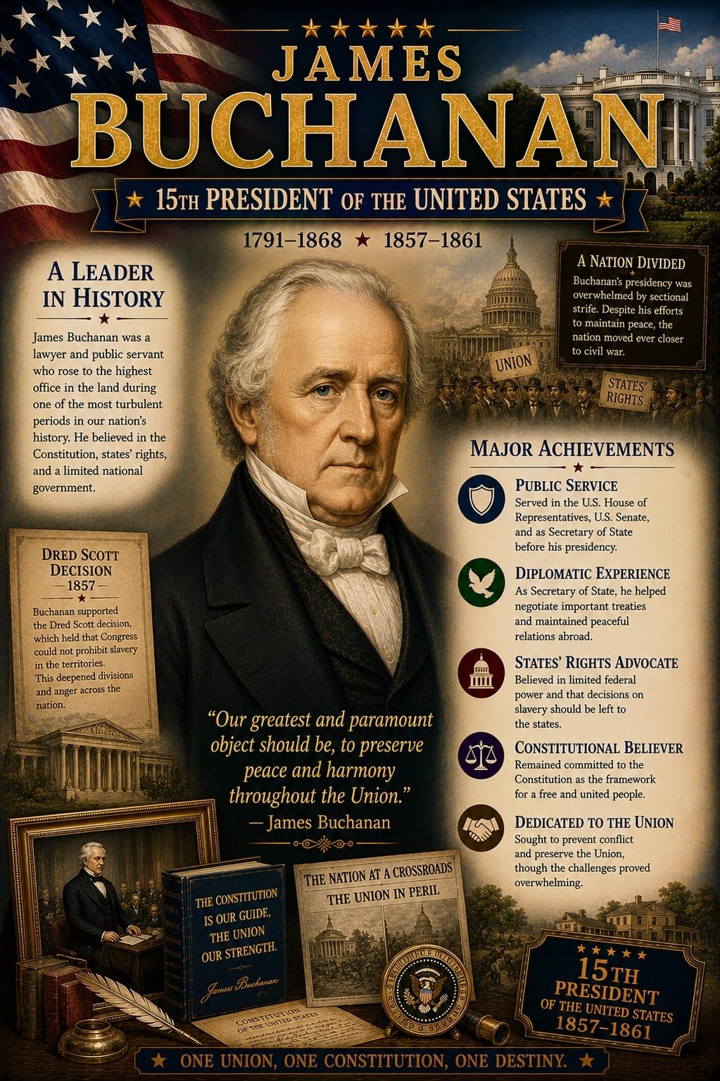James Buchanan Poster, 15th U.S. President, 8.5x11 Laminated Chart