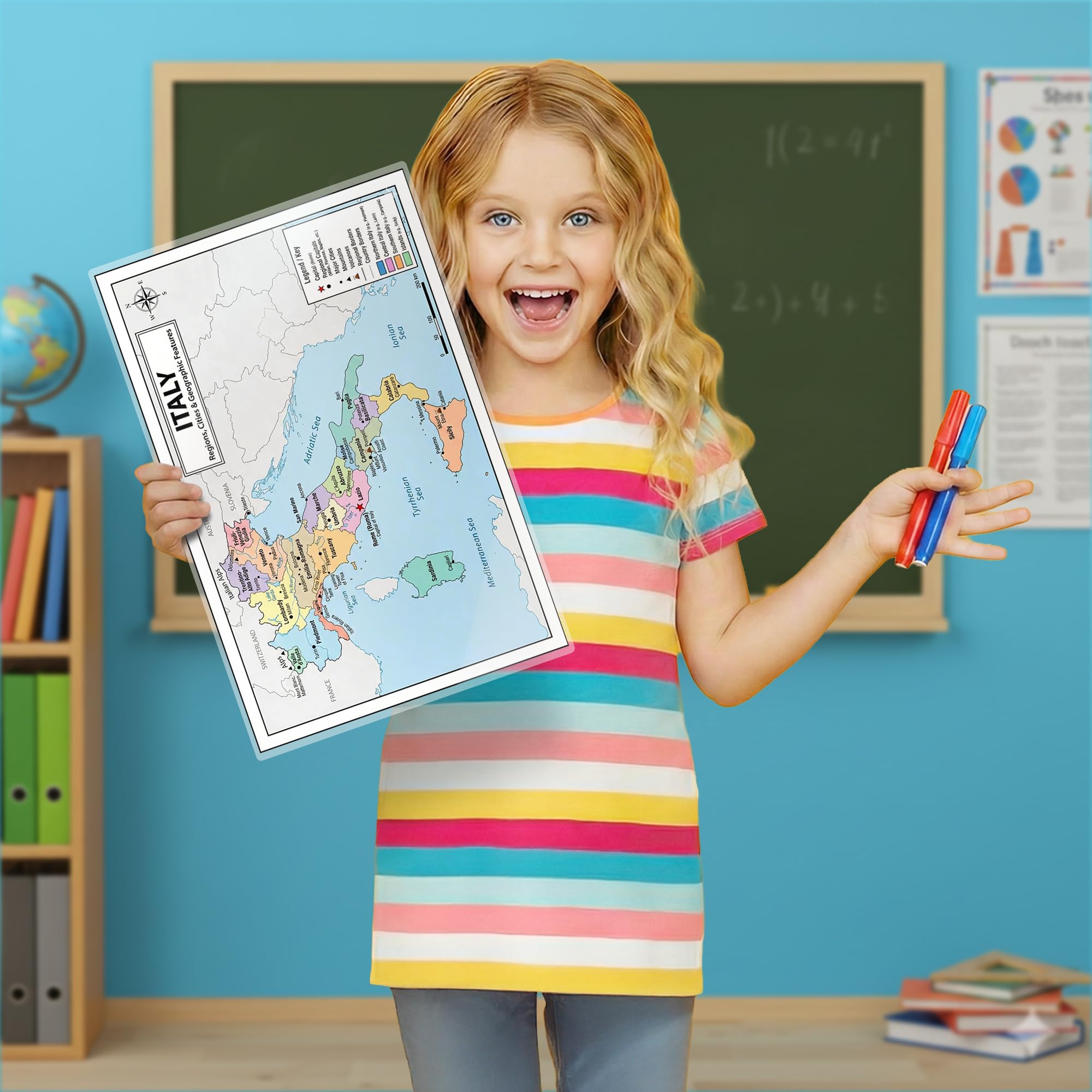 Italy Map Poster 11x17 | Laminated Double-Sided Geography Chart with Color Map Front & Blank Outline Back | Reusable