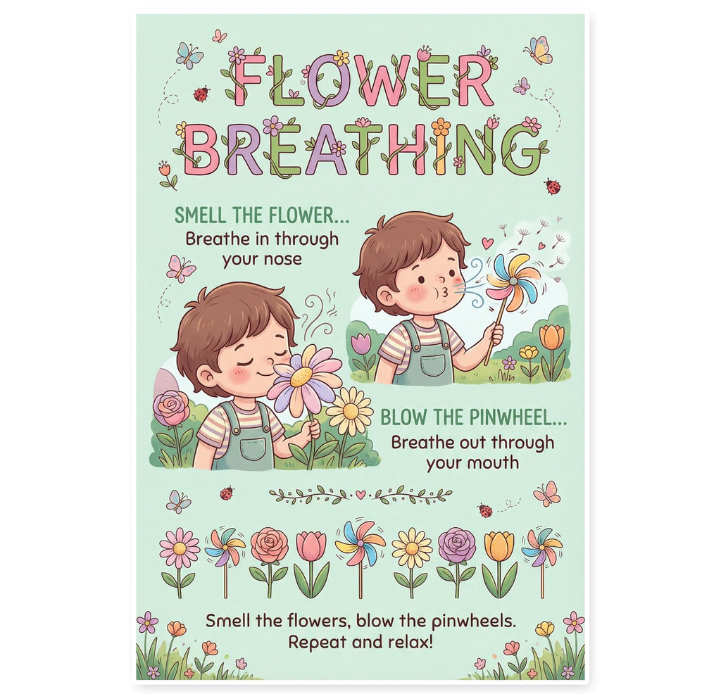 JELLY BEAN GENIUS Smell the Flower Blow the Pinwheel Breathing Poster for Kids – Deep Breathing & Emotional Awareness