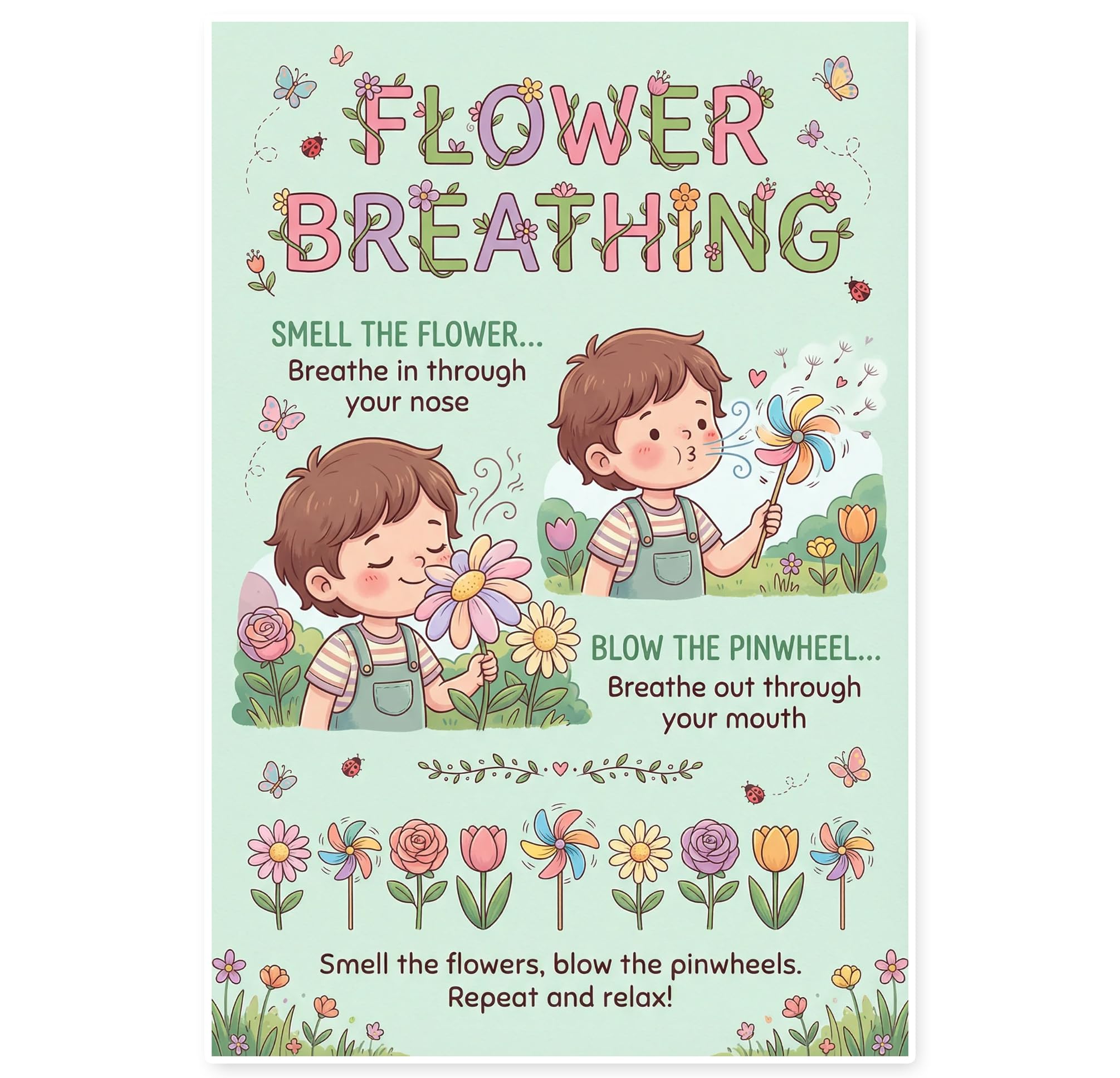 JELLY BEAN GENIUS Smell the Flower Blow the Pinwheel Breathing Poster for Kids – Deep Breathing & Emotional Awareness