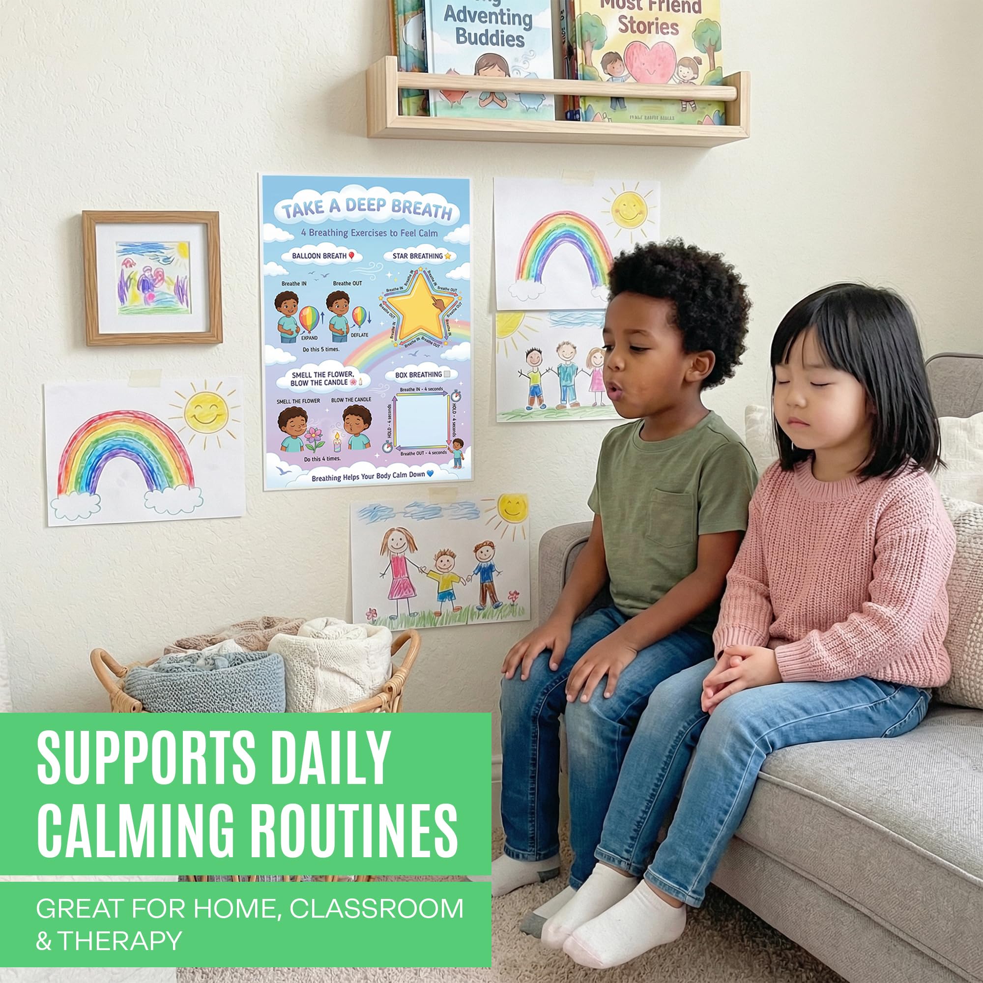 JELLY BEAN GENIUS 4 Breathing Exercises Poster for Kids – Balloon, Star, Flower & Box Breathing Emotional Awareness Visual