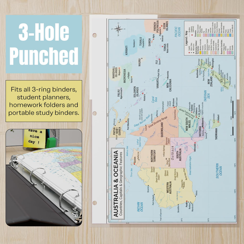 Australia & Oceania Map Poster for Kids - 2-Sided Laminated 8.5x11, Countries Capitals & Geographic Features with Blank