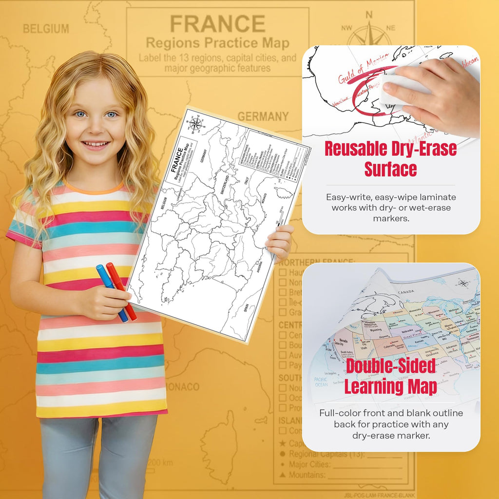 France Map Poster 11x17 | Laminated Double-Sided Geography Chart with Color Map Front & Blank Outline Back | Reusable