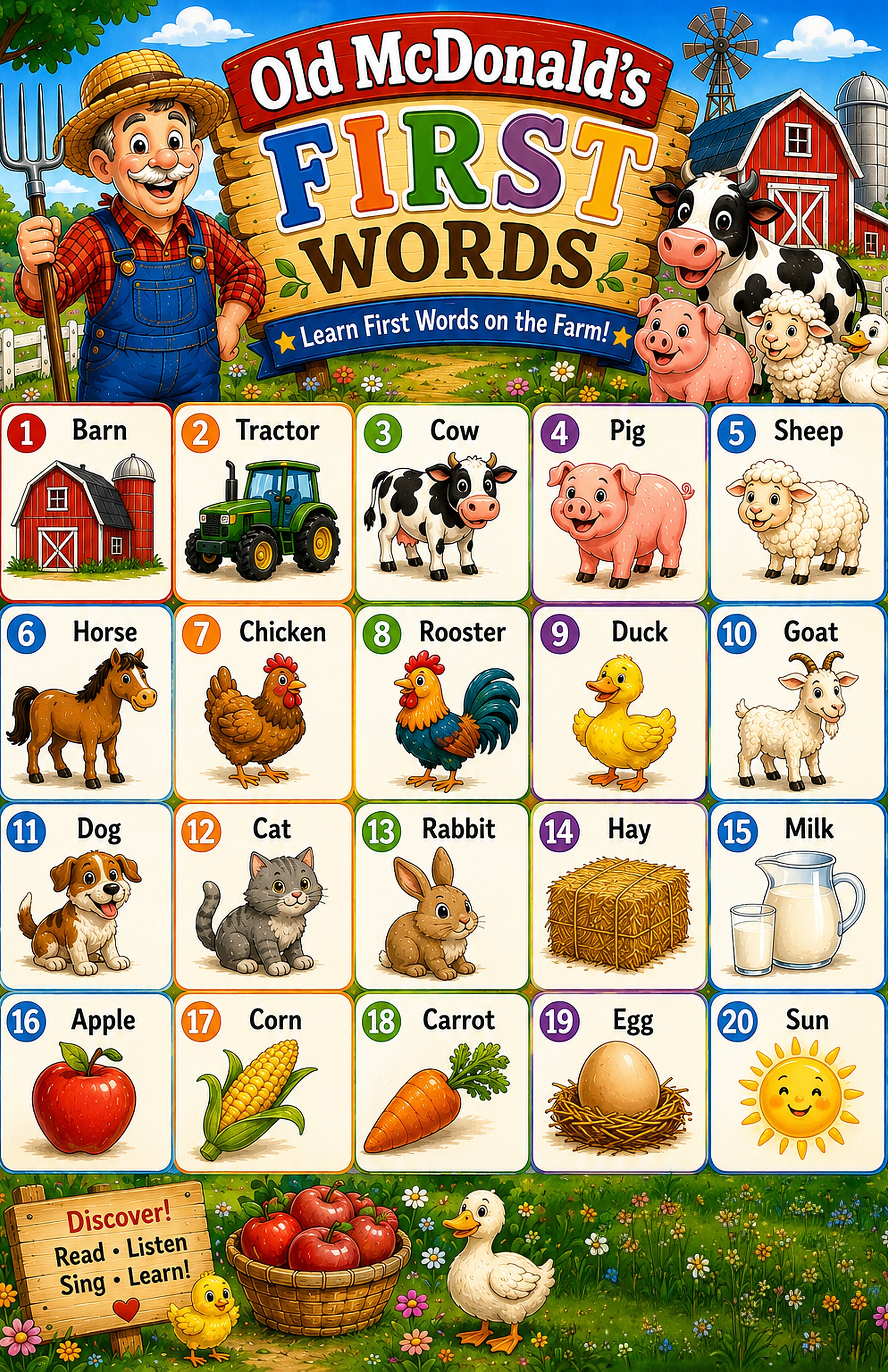 Four laminated educational posters for kids: farm alphabet, farm colors, farm words, numbers 1-20, and ocean ABC — view 5