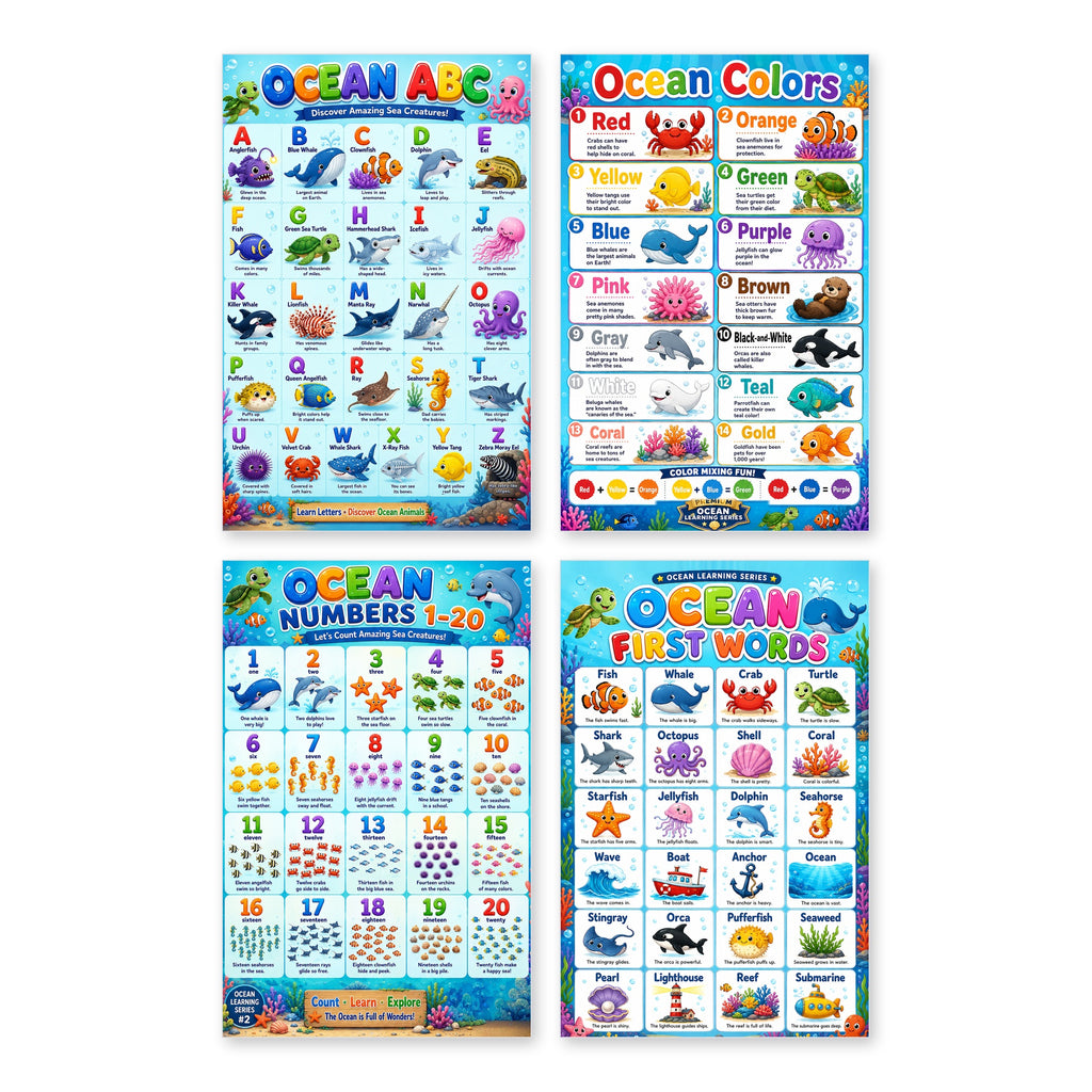 Four laminated ocean learning posters for ABCs, colors, first words, and numbers with QR audio lessons