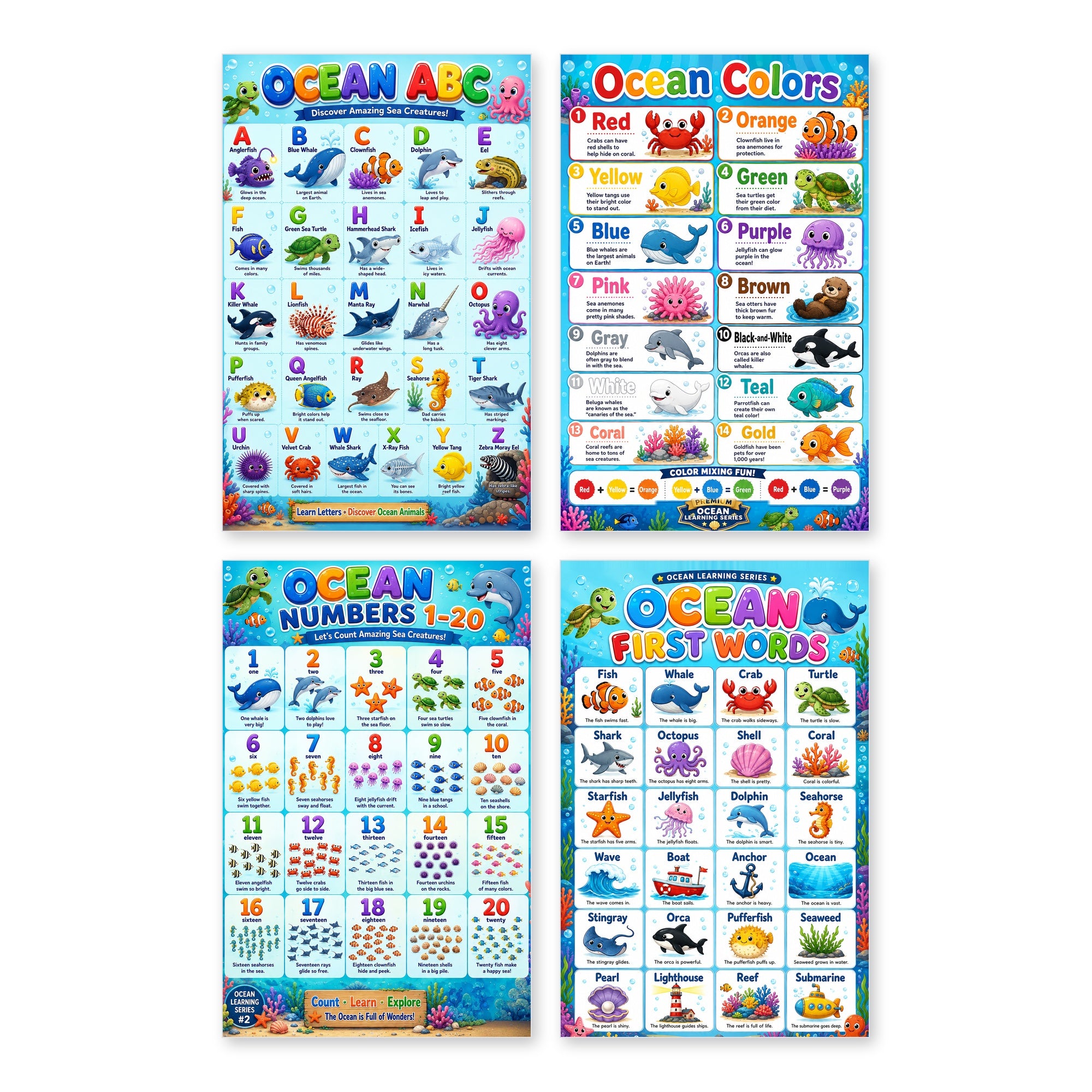 Four laminated ocean learning posters for ABCs, colors, first words, and numbers with QR audio lessons