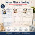 Three laminated feeding station posters for baby bottle feeding, routine tracking, and a QR code audio lesson set.