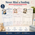 Three laminated feeding station posters for baby bottle feeding, routine tracking, and a QR code audio lesson set.