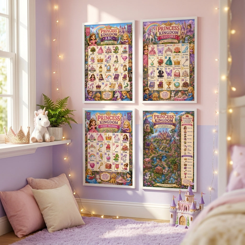 Laminated princess learning poster bundle with first words and search-and-find charts, each with a scannable QR code. — view 2