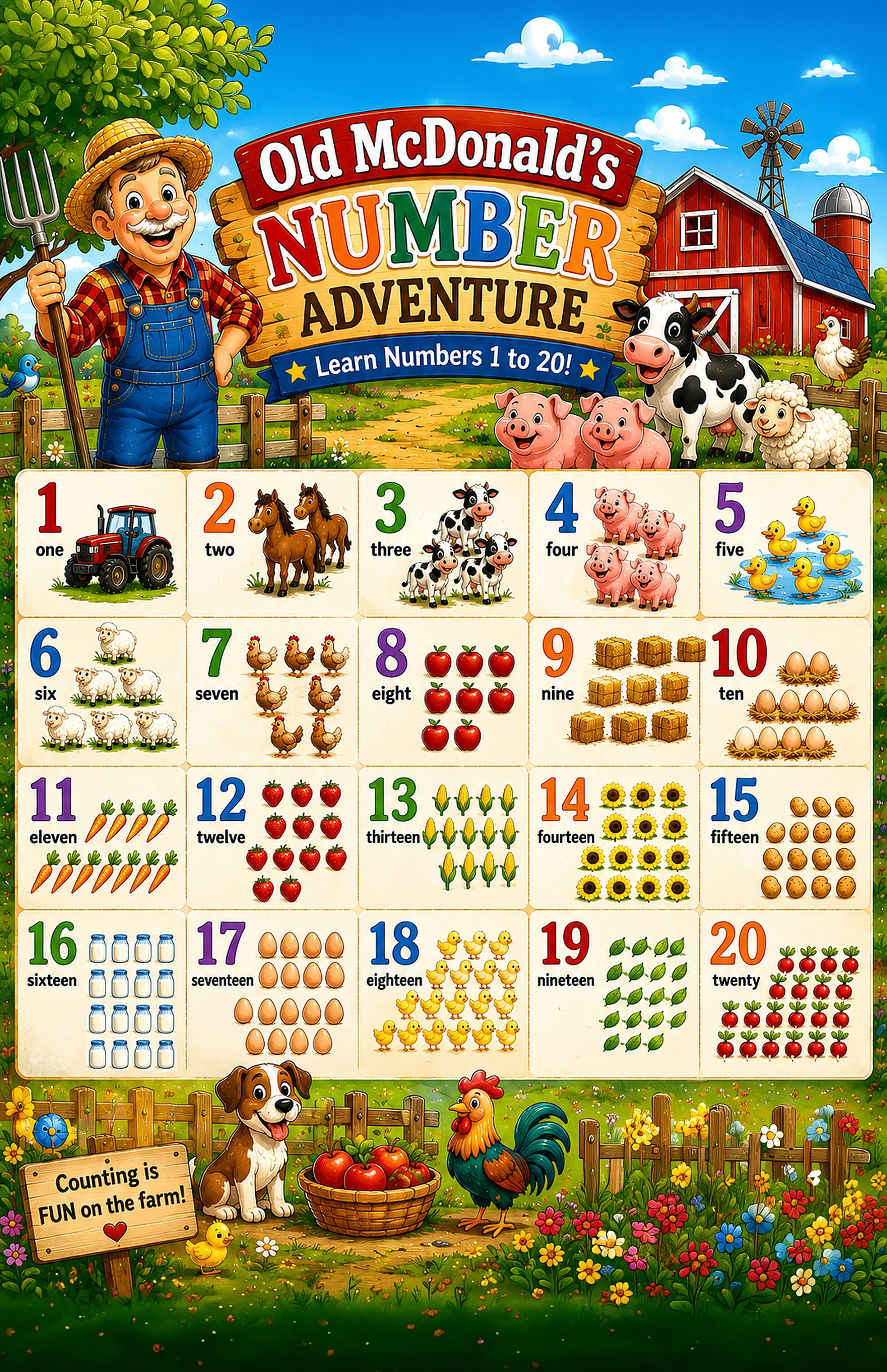 Four laminated educational posters for kids: farm alphabet, farm colors, farm words, numbers 1-20, and ocean ABC — view 6