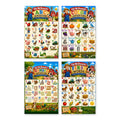 Four laminated educational posters for kids: farm alphabet, farm colors, farm words, numbers 1-20, and ocean ABC