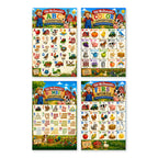 Four laminated educational posters for kids: farm alphabet, farm colors, farm words, numbers 1-20, and ocean ABC