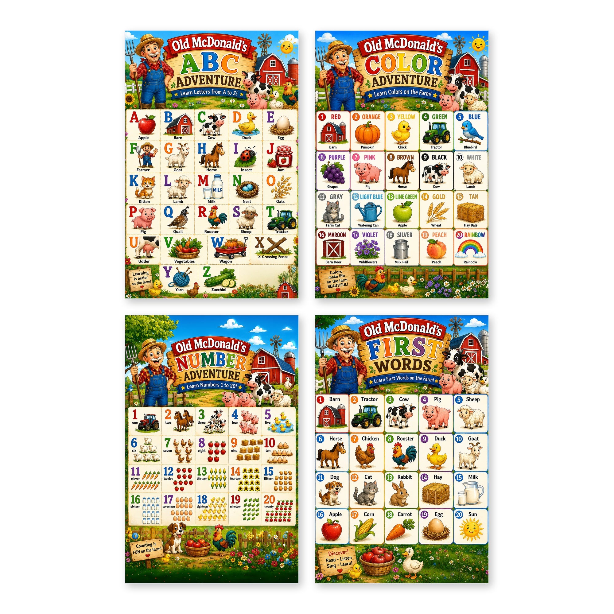 Four laminated educational posters for kids: farm alphabet, farm colors, farm words, numbers 1-20, and ocean ABC