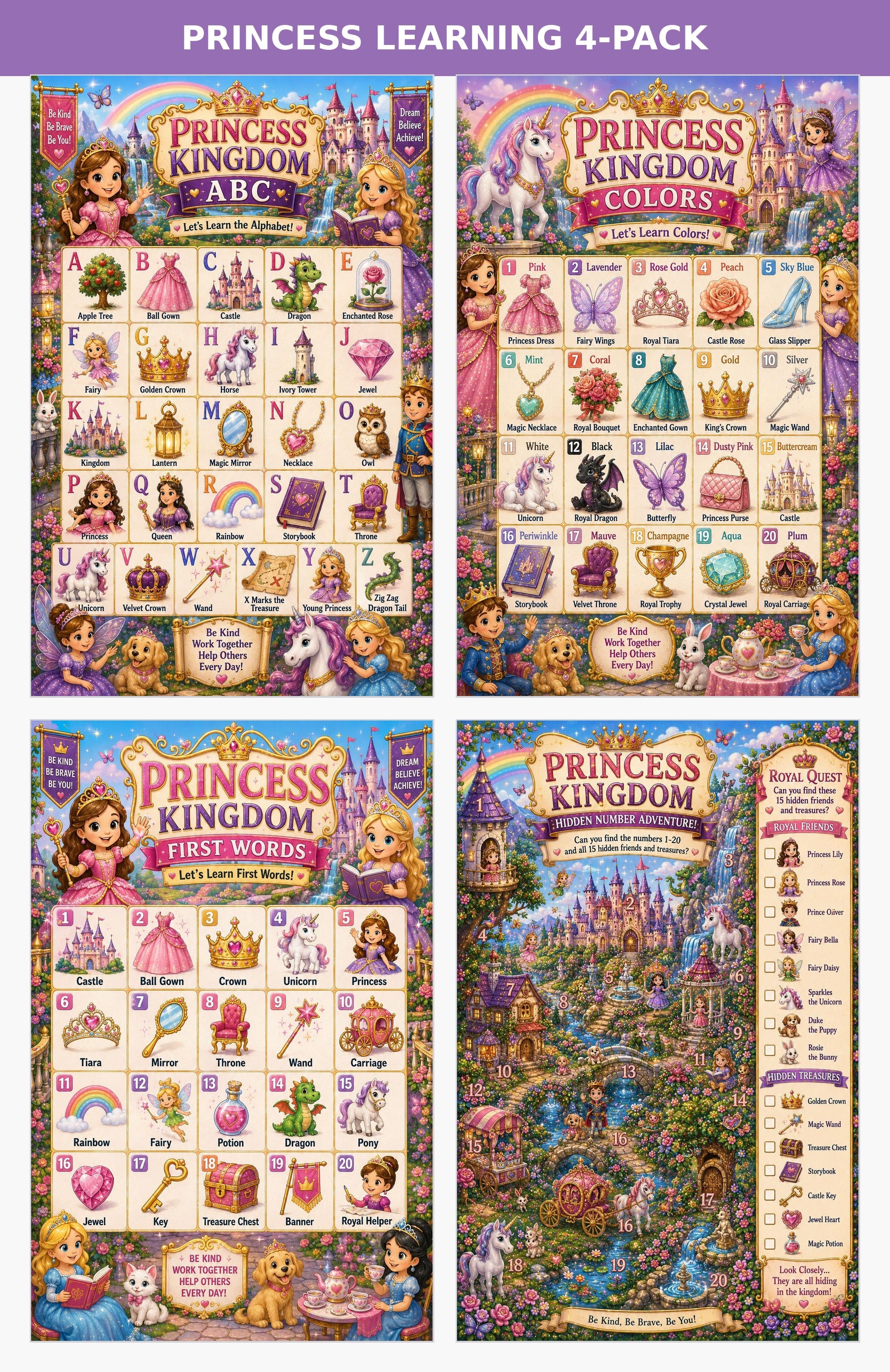 Laminated princess learning poster bundle with first words and search-and-find charts, each with a scannable QR code.