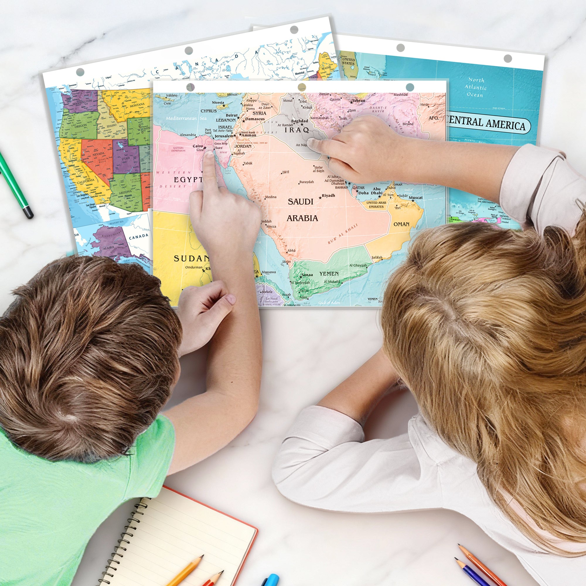 World Map & Middle East Map Reference Binder Insert (Double-Sided) | Geography Learning Chart for Kids