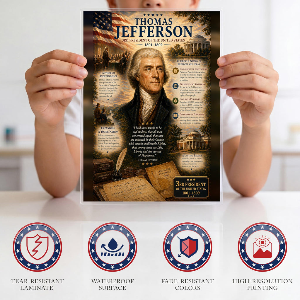 JELLY BEAN GENIUS Thomas Jefferson Poster (8.5x11 Laminated) – American Presidents Educational Series | 3rd U.S. President Biography Chart | Classroom & Homeschool Learning Charts