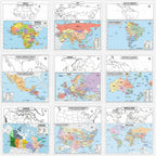 World Geography Map Set – 9-Pack Laminated 11x17 Dry Erase Study Maps | Double-Sided Classroom Learning Tools with Color