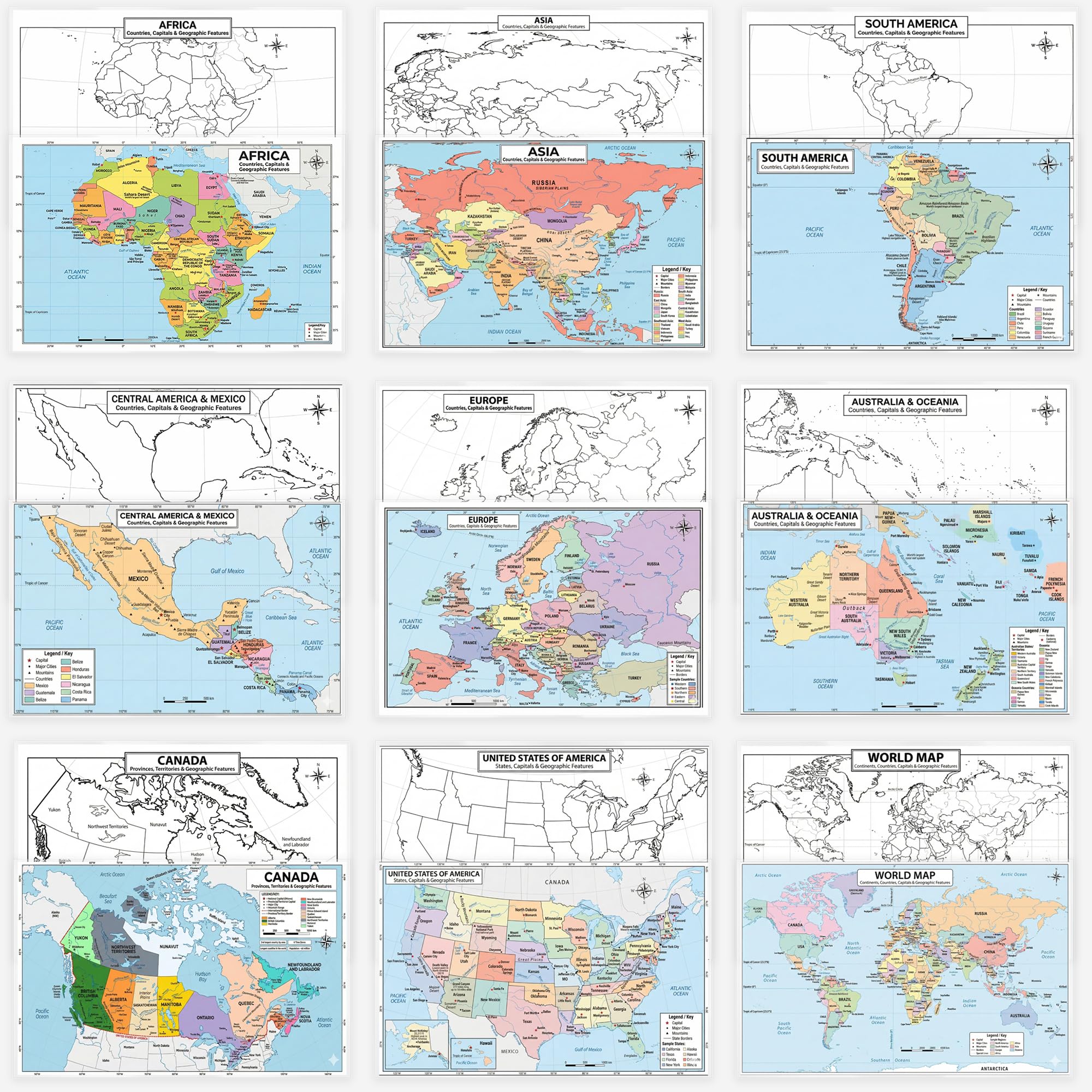 World Geography Map Set – 9-Pack Laminated 11x17 Dry Erase Study Maps | Double-Sided Classroom Learning Tools with Color