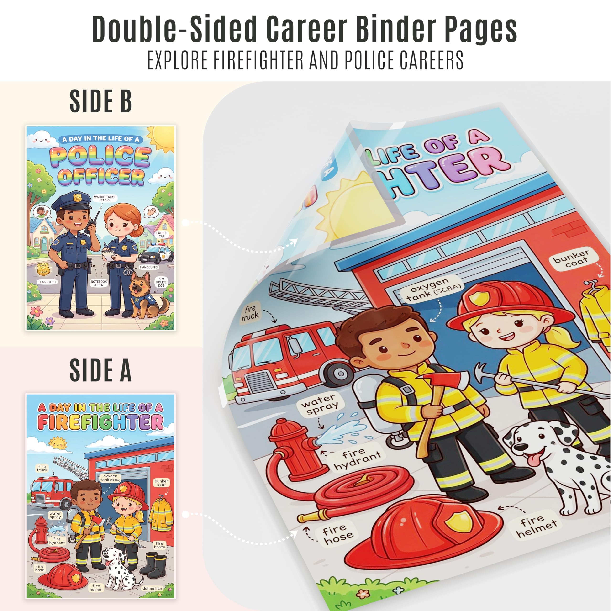 JELLY BEAN GENIUS Firefighter and Police Officer Mini Poster for Kids – Laminated Double-Sided Community Helpers Career