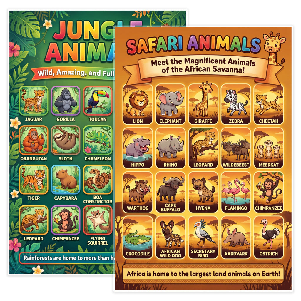 JELLY BEAN GENIUS Safari & Jungle Animals Poster for Kids – Double Sided Laminated Educational Chart | 40 Wild Animals