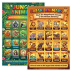 JELLY BEAN GENIUS Safari & Jungle Animals Poster for Kids – Double Sided Laminated Educational Chart | 40 Wild Animals