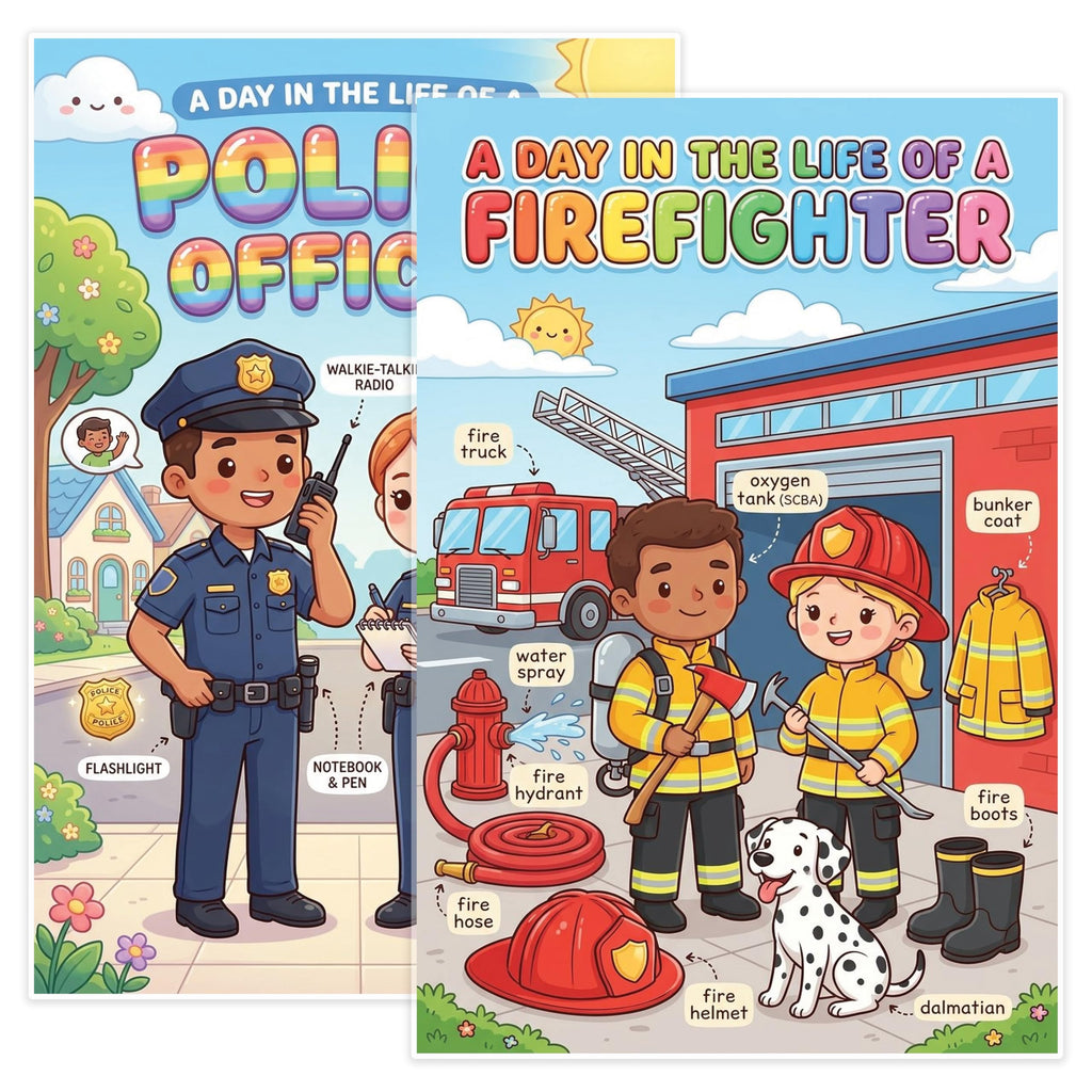 JELLY BEAN GENIUS Firefighter and Police Officer Poster for Kids – Laminated Double-Sided Community Helpers Career Wall Art