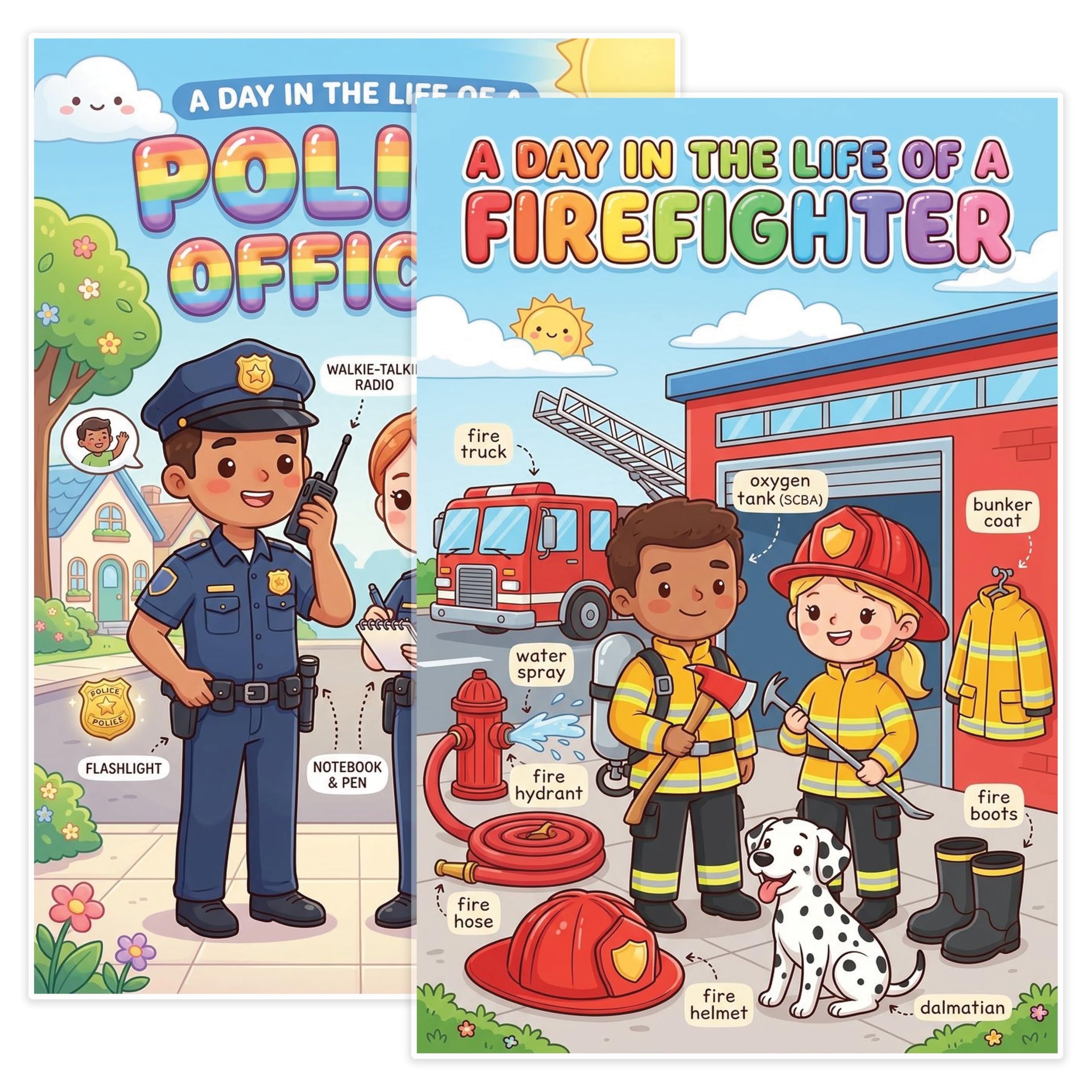 JELLY BEAN GENIUS Firefighter and Police Officer Poster for Kids – Laminated Double-Sided Community Helpers Career Wall Art