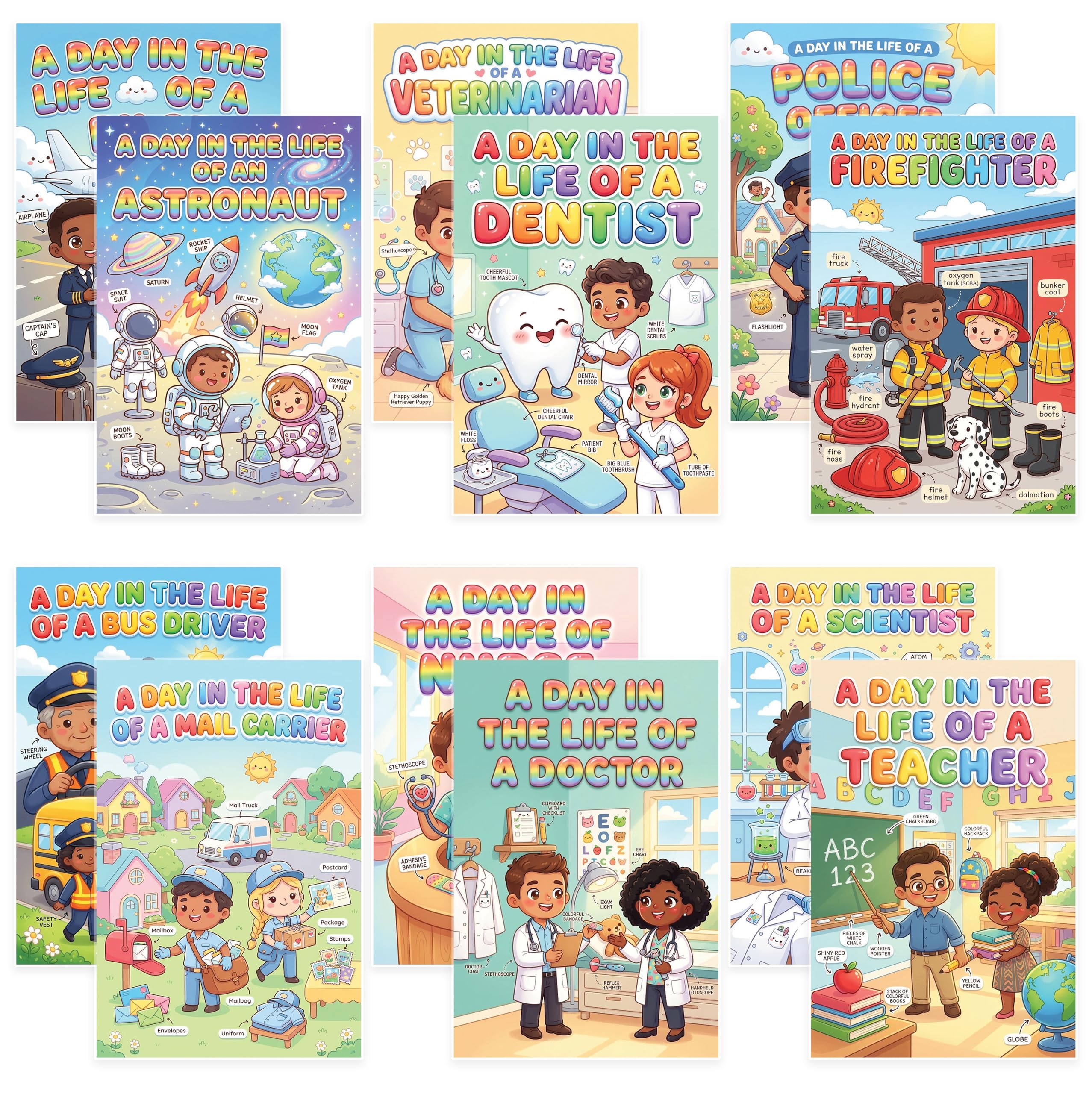 JELLY BEAN GENIUS Community Helpers Posters Bundle for Kids – 6 Pack Laminated Double-Sided Career Wall Art | Firefighter