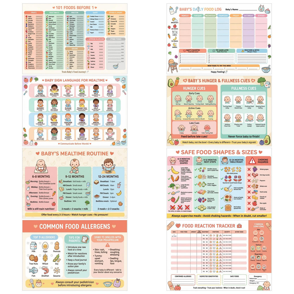 JELLY BEAN GENIUS Baby Feeding Poster Set (4 Pack) – 101 Foods Before 1, Food Introduction, Mealtime Routine & Sign