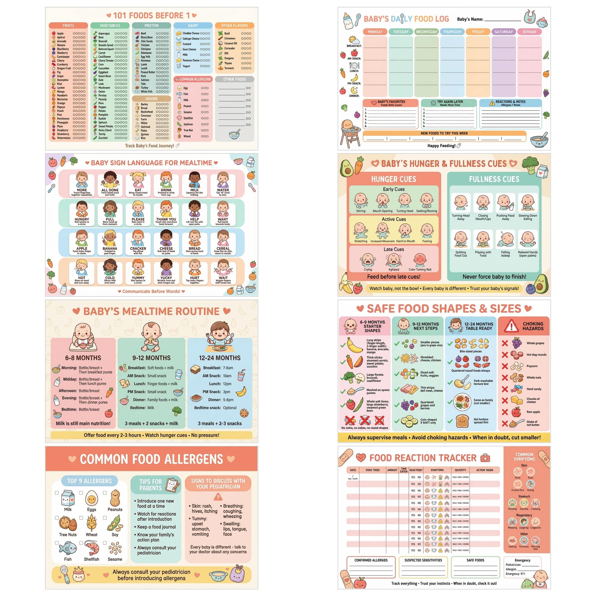 JELLY BEAN GENIUS Baby Feeding Poster Set (4 Pack) – 101 Foods Before 1, Food Introduction, Mealtime Routine & Sign