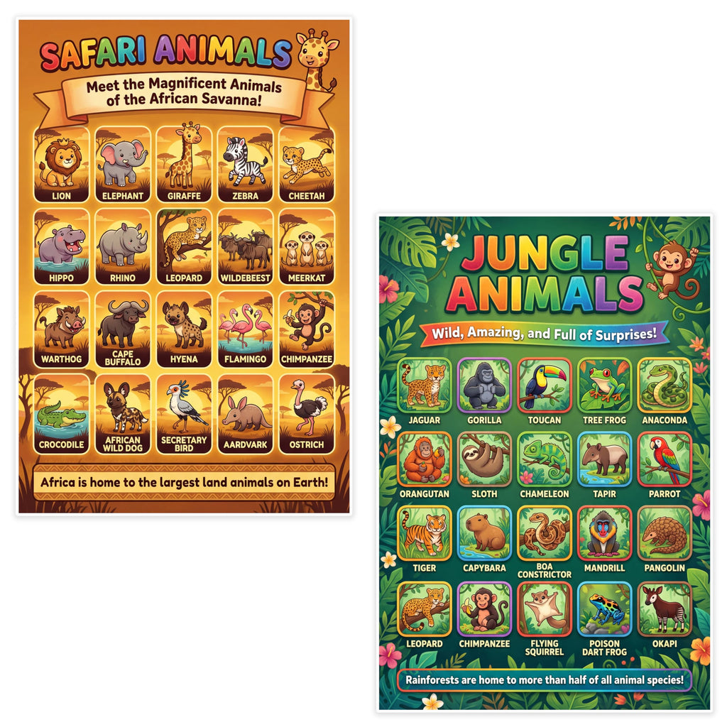 JELLY BEAN GENIUS Safari & Jungle Animals Poster for Kids – Double Sided Laminated Educational Chart | 40 Wild Animals