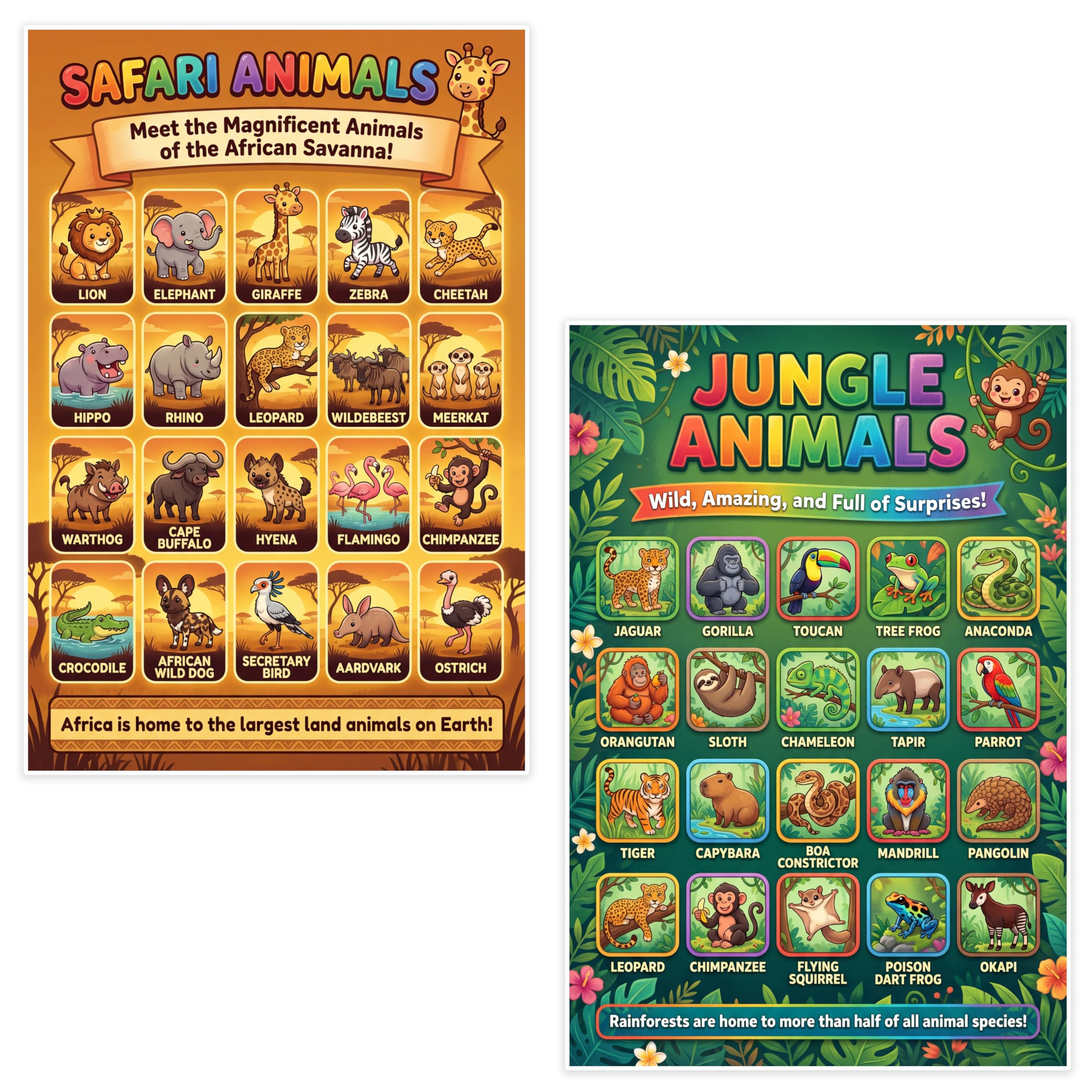 JELLY BEAN GENIUS Safari & Jungle Animals Poster for Kids – Double Sided Laminated Educational Chart | 40 Wild Animals