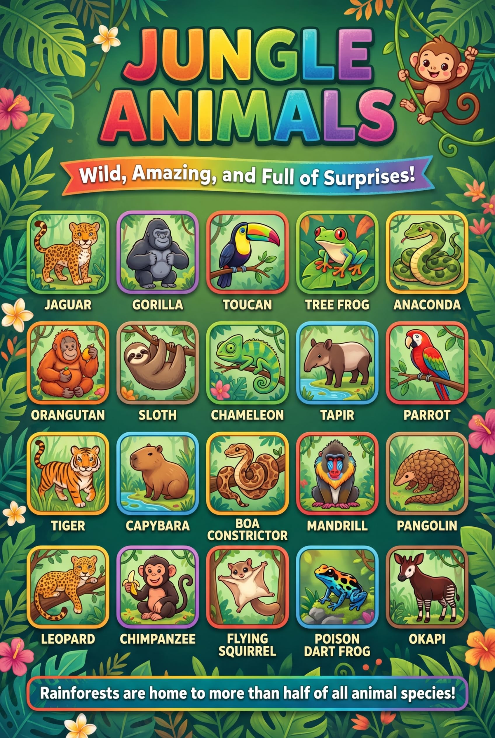 JELLY BEAN GENIUS Safari & Jungle Animals Poster for Kids – Double Sided Laminated Educational Chart | 40 Wild Animals