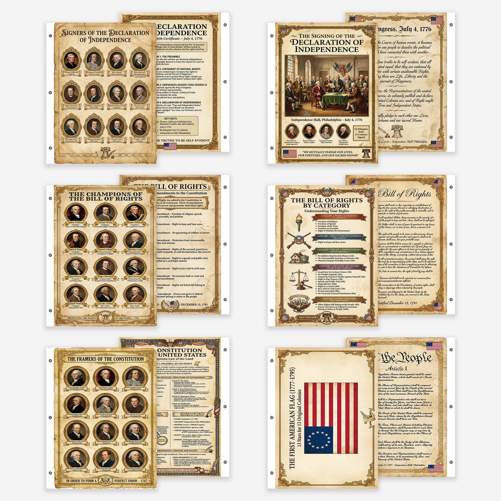 JELLY BEAN GENIUS US Founding Documents Binder Sheet Set (6 Pack) - Constitution, Bill of Rights, Declaration - Two-Sided