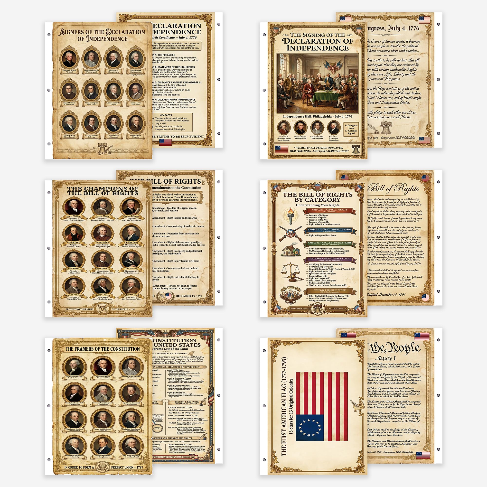 JELLY BEAN GENIUS US Founding Documents Binder Sheet Set (6 Pack) - Constitution, Bill of Rights, Declaration - Two-Sided