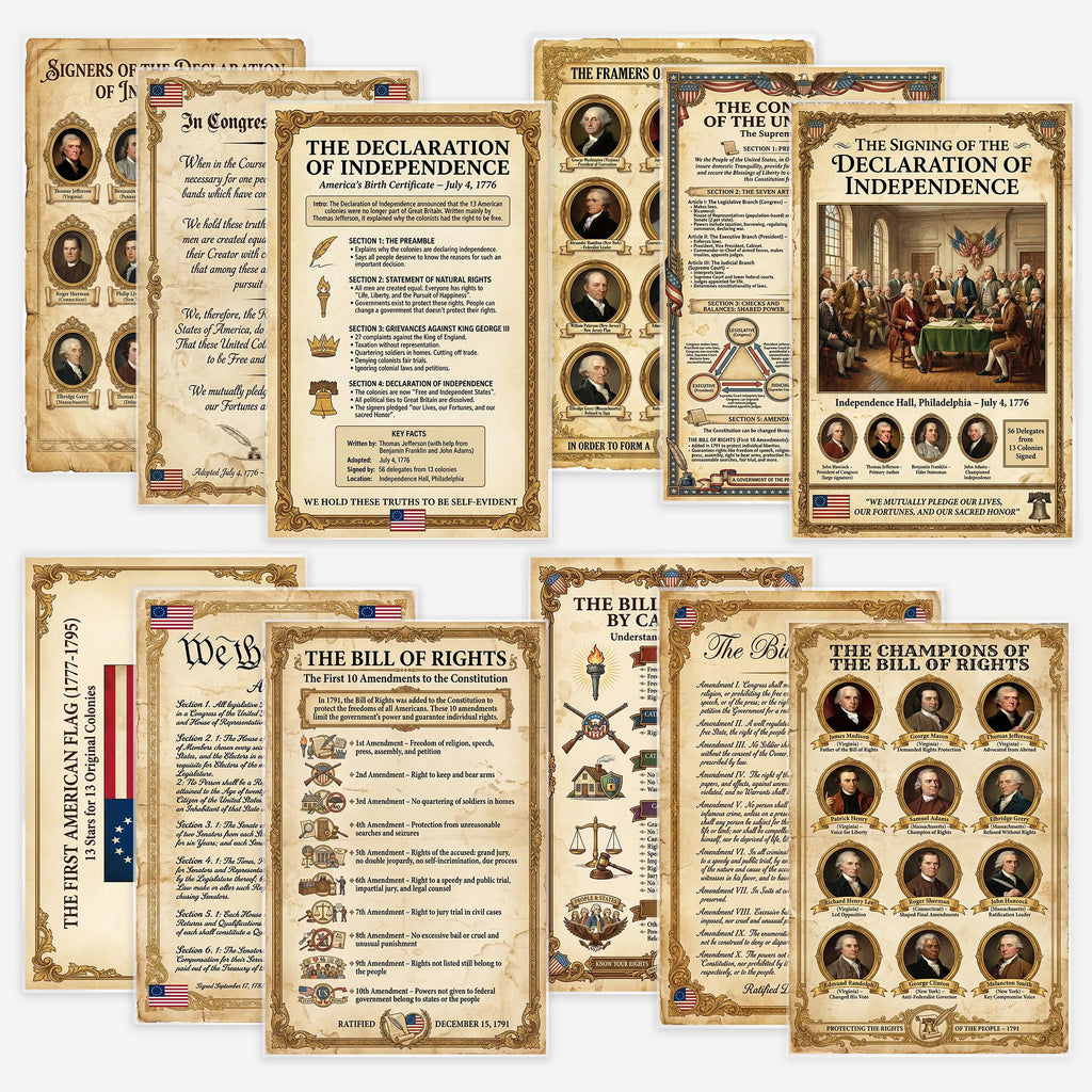 JELLY BEAN GENIUS US Founding Documents Poster Set (12 Pack) - Constitution, Bill of Rights, Declaration of Independence