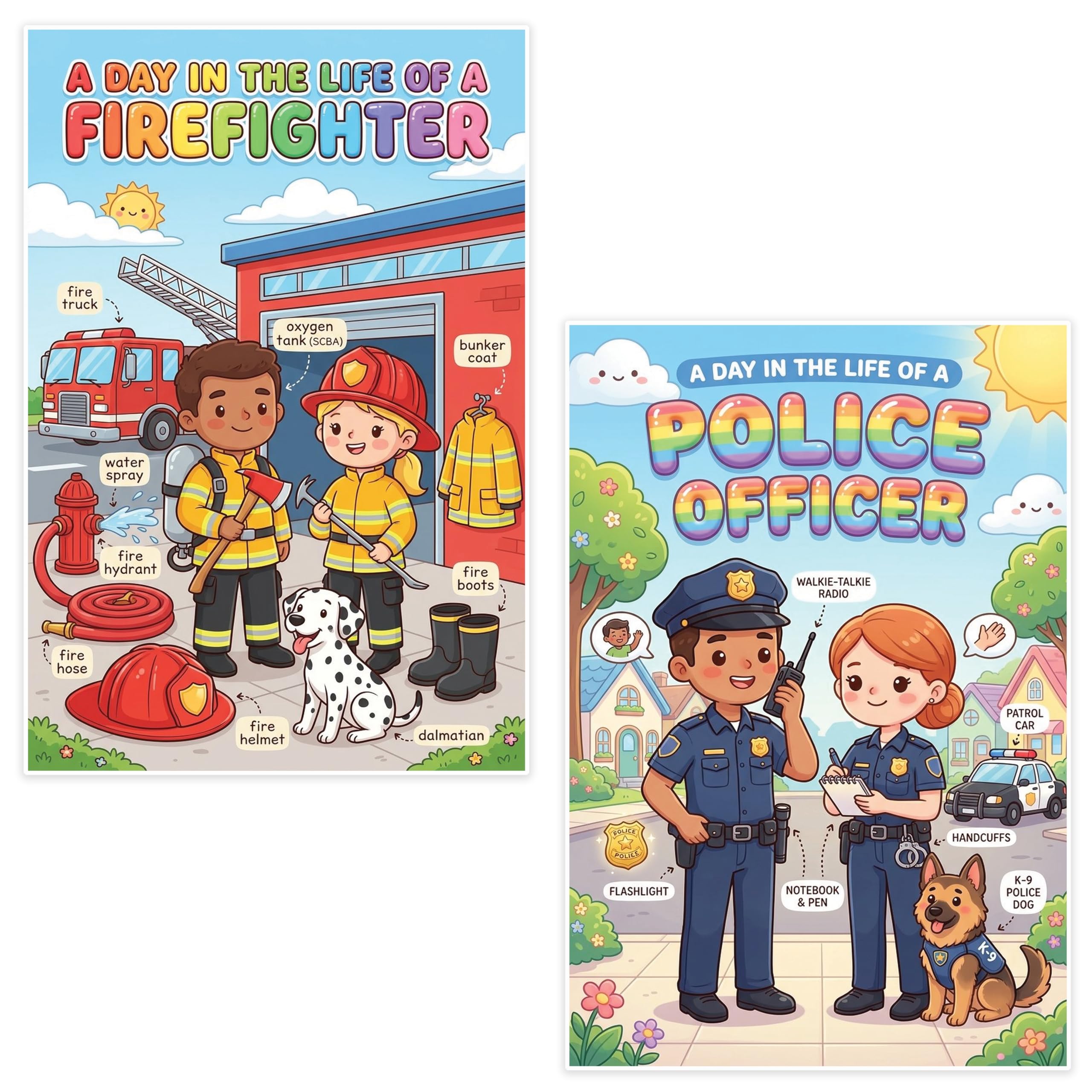 JELLY BEAN GENIUS Firefighter and Police Officer Poster for Kids – Laminated Double-Sided Community Helpers Career Wall Art