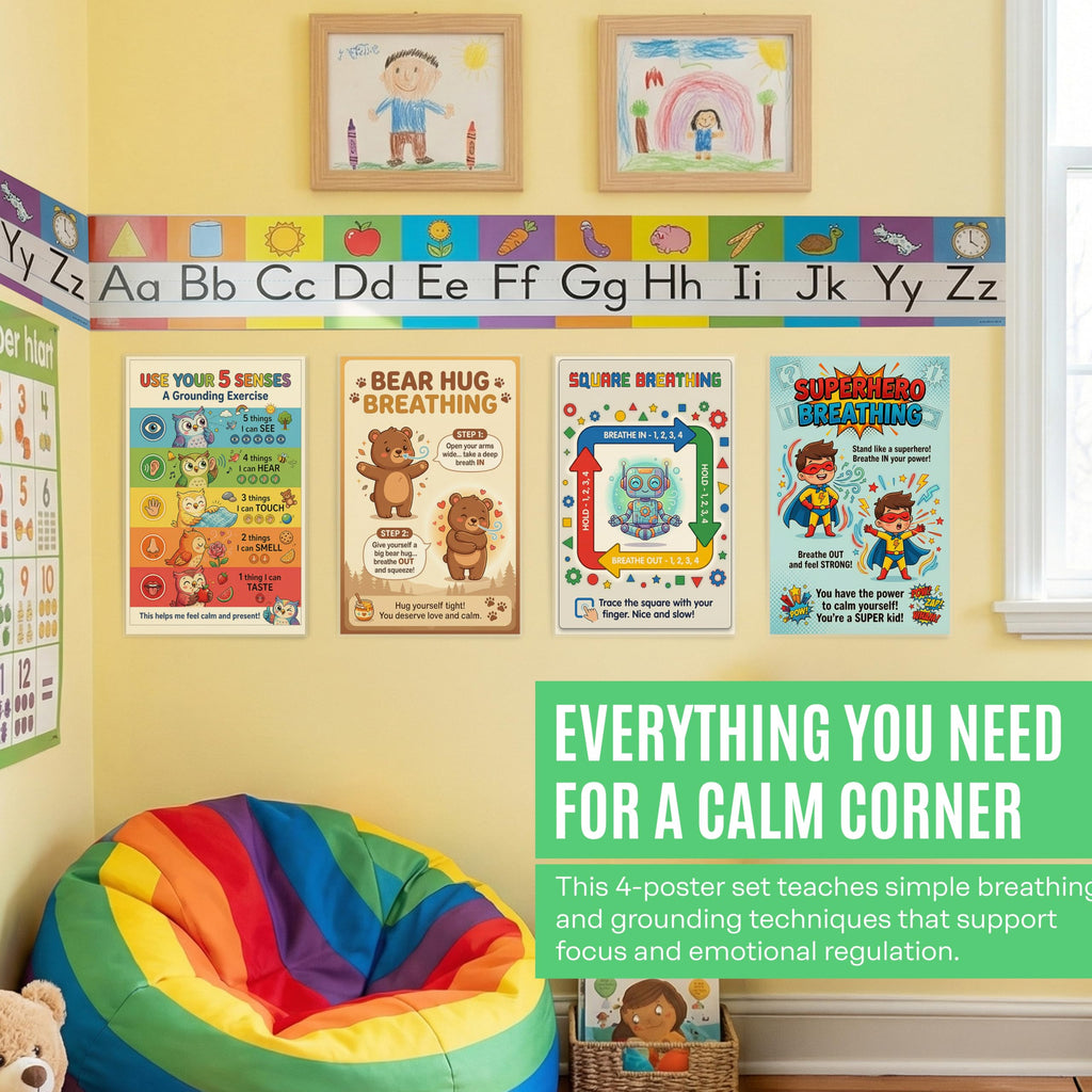 Calm Down Corner Posters for Kids – 4 Pack Breathing & Grounding Techniques Set, Square Breathing, Bear Hug, Superhero