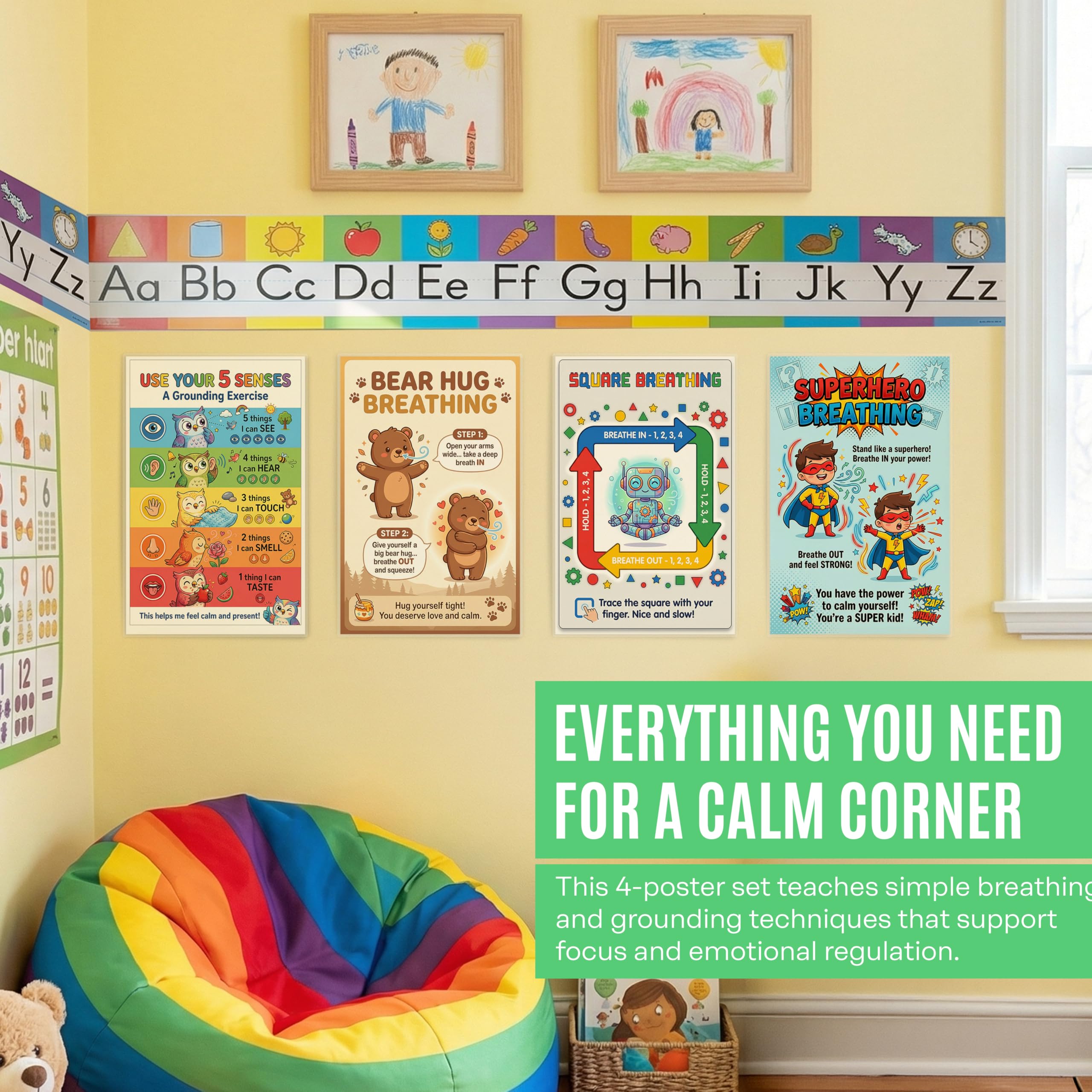 Calm Down Corner Posters for Kids – 4 Pack Breathing & Grounding Techniques Set, Square Breathing, Bear Hug, Superhero