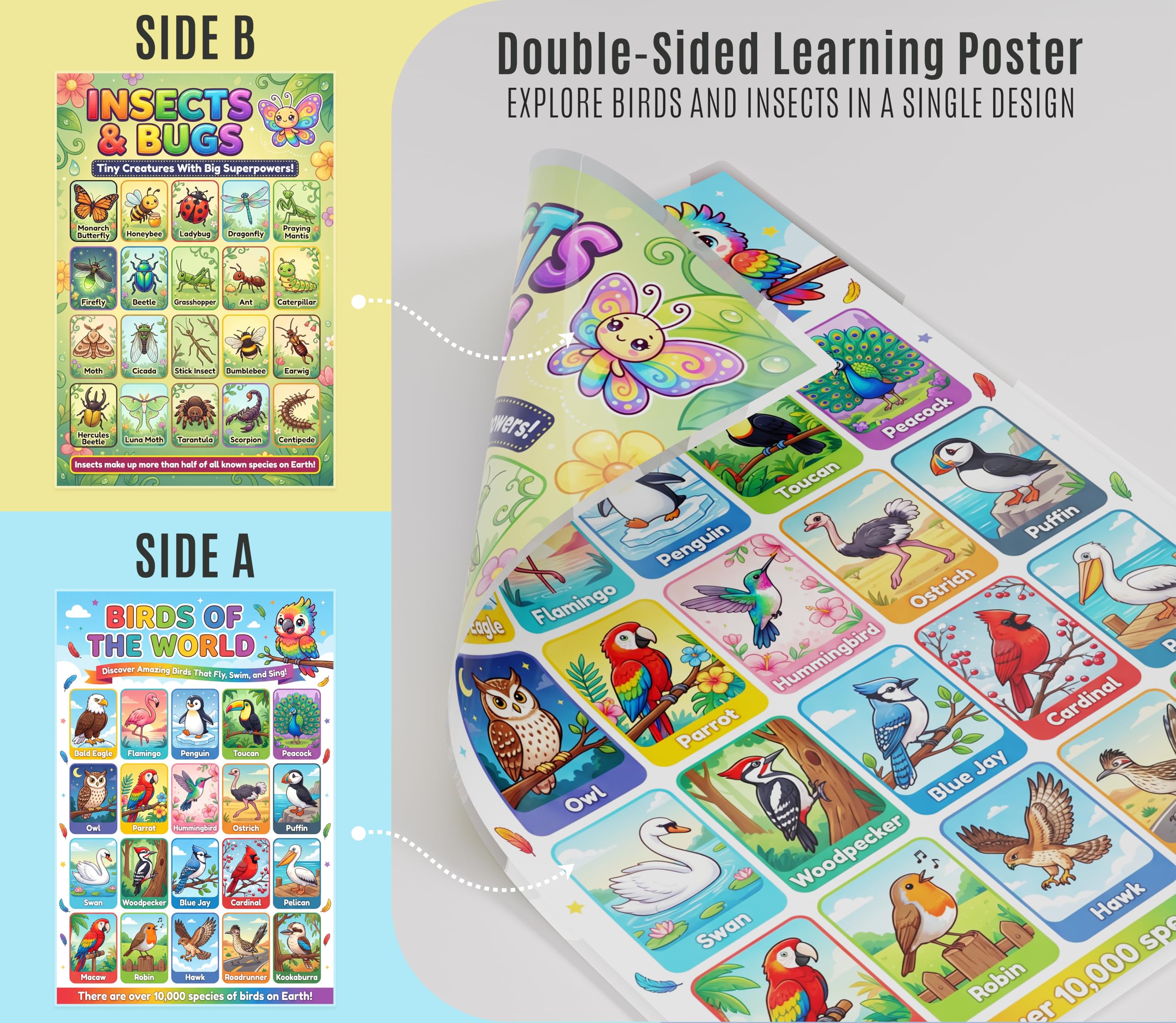 JELLY BEAN GENIUS Birds & Insects Poster for Kids – Double Sided Laminated Educational Chart | 20 Birds of the World + 20