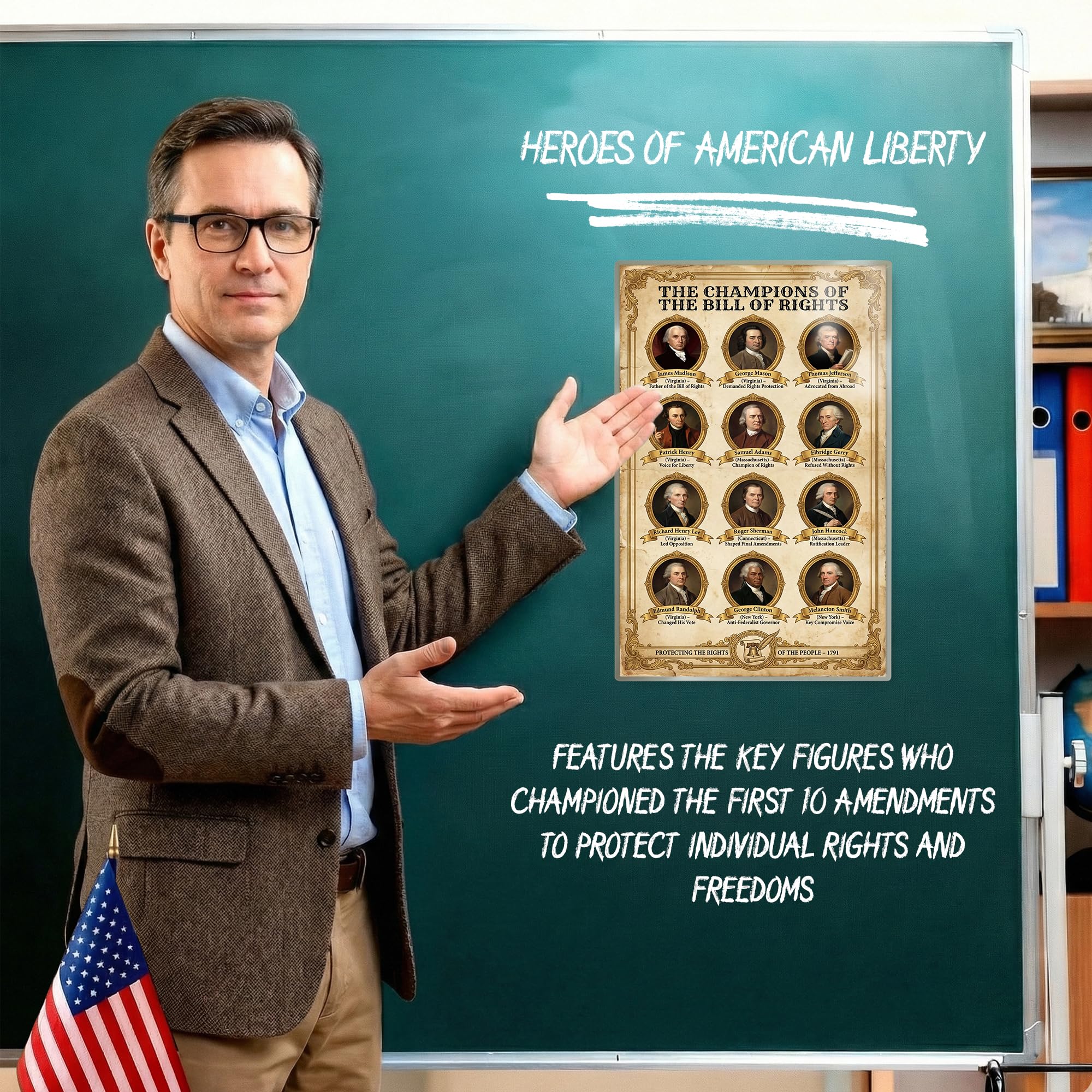 JELLY BEAN GENIUS Champions of the Bill of Rights Poster - Founding Fathers Who Fought for Freedom - Laminated 11x17 - US