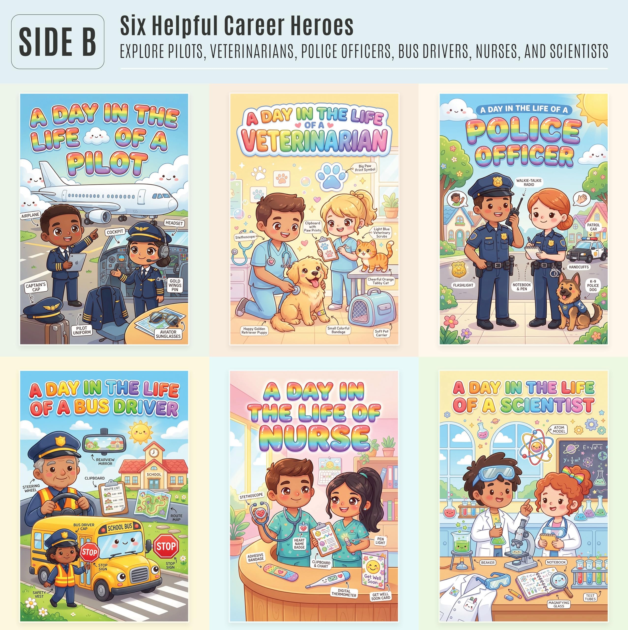 JELLY BEAN GENIUS Community Helpers Posters Bundle for Kids – 6 Pack Laminated Double-Sided Career Wall Art | Firefighter