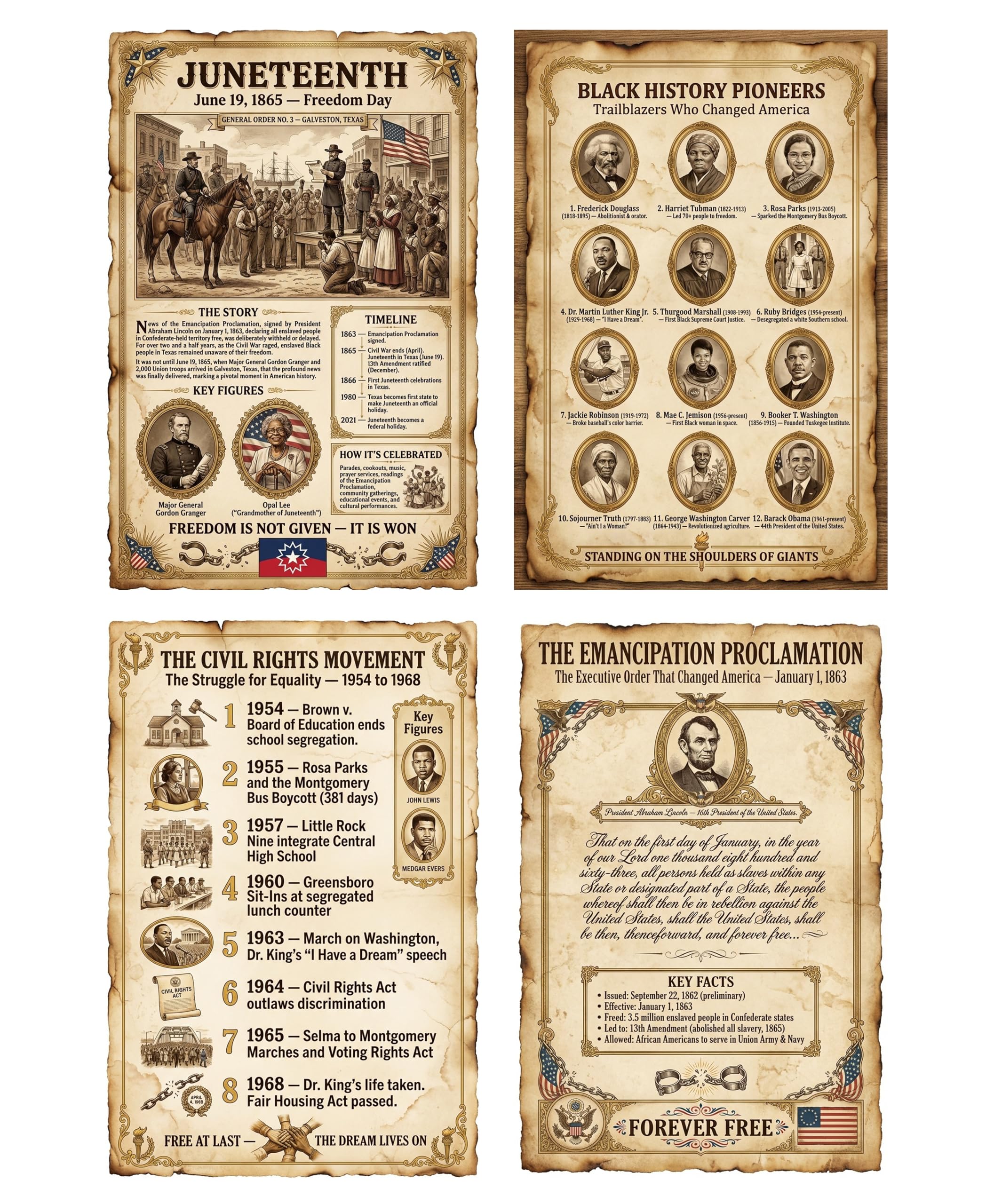 JELLY BEAN GENIUS Black History Posters for Kids, 4 Pack 11x17 Laminated, African American History Set, Pioneers Civil